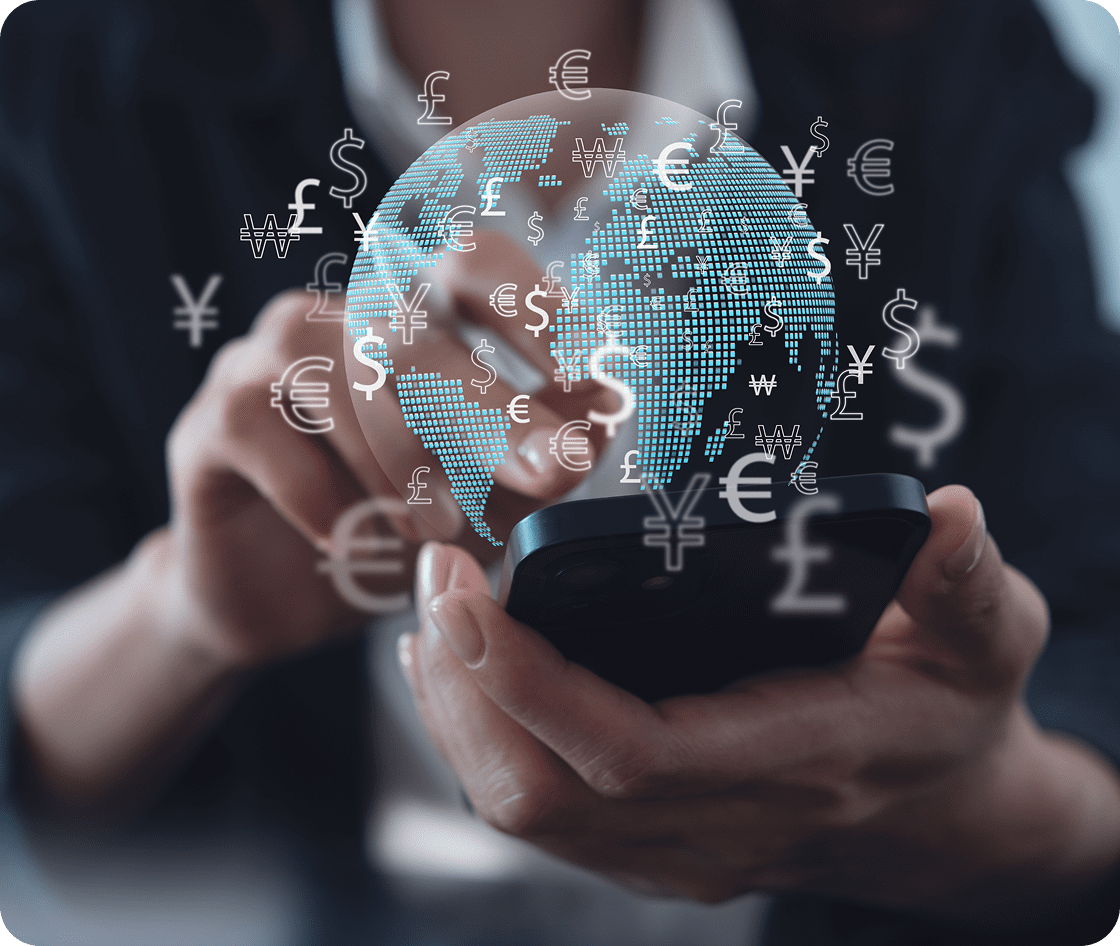 Hands using smartphone with currency symbols