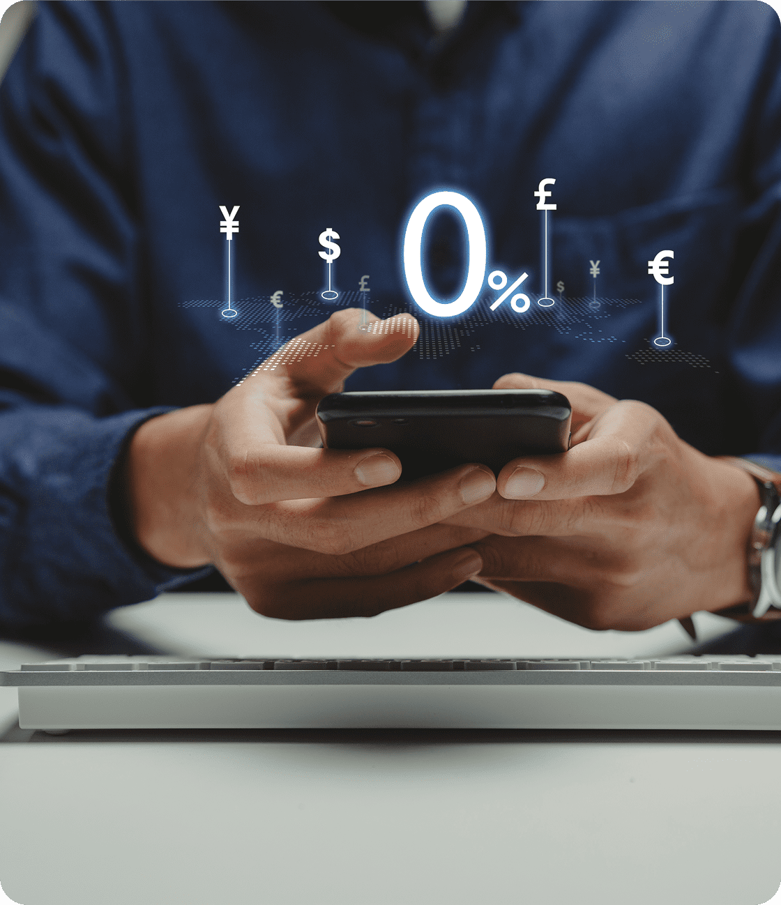 Currency symbols floating above smartphone