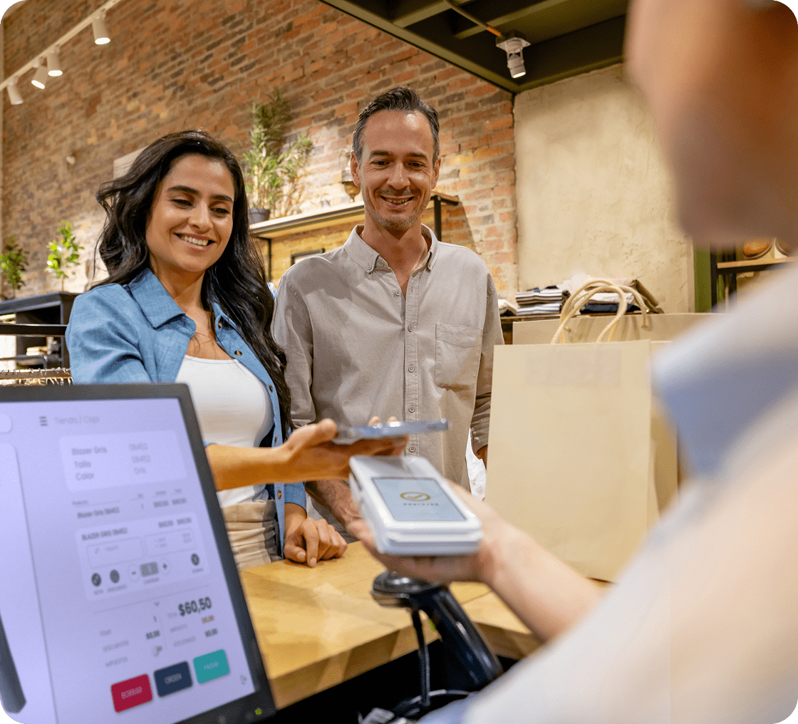 Customers making purchase with mobile payment